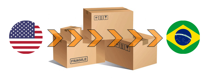 Ilustração com caixas de encomendas, e bandeiras dos EUA e Brasil